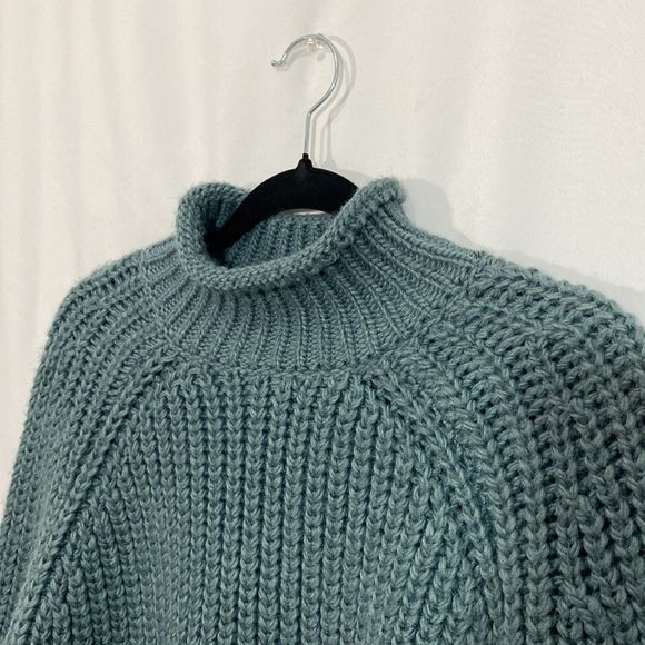 H&M Teal Thick Chunky Knit Wool Blend Turtleneck Sweater Size Medium - Picture 5 of 8